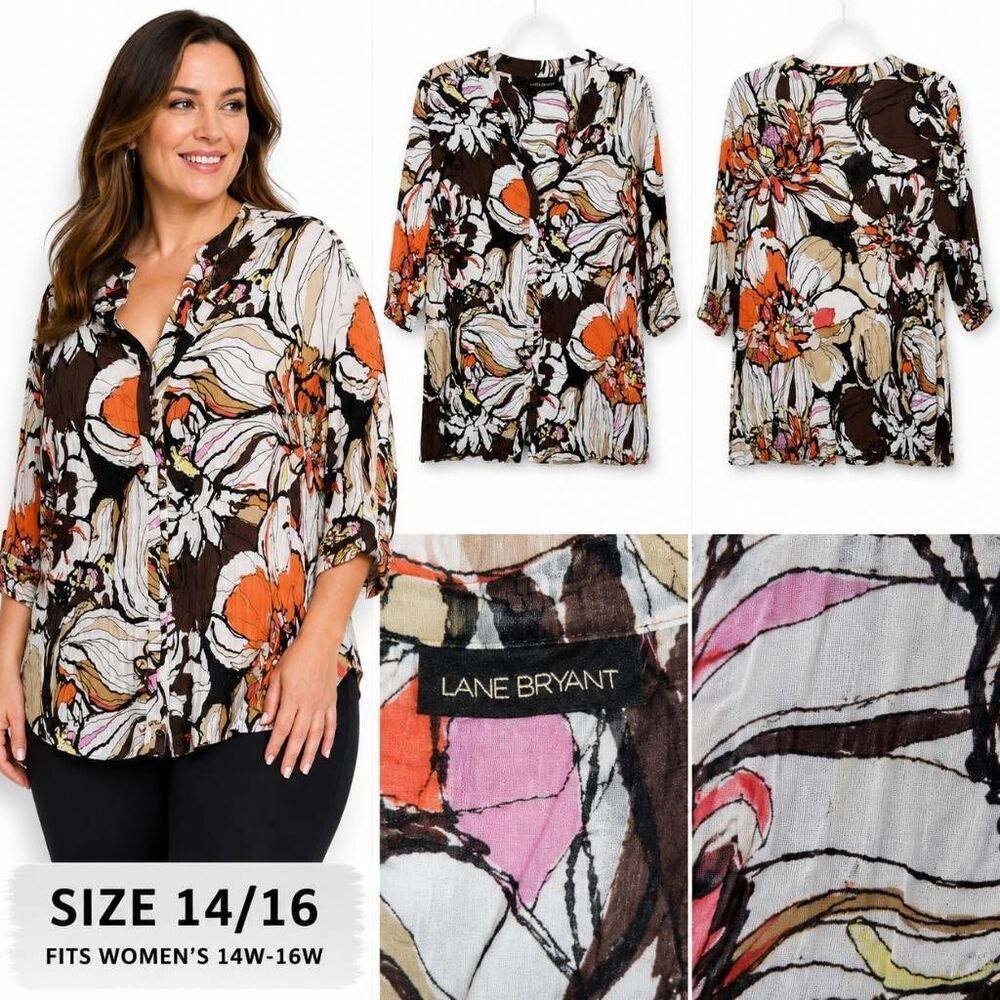 Lane Bryant 2x Brown Floral Crinkle Button Front Blouse